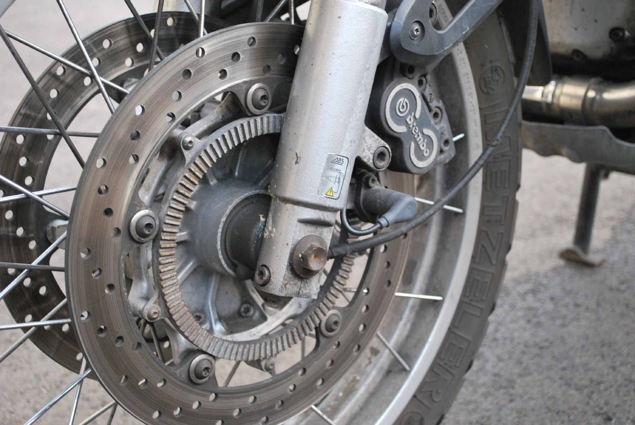 Dual front brake discs on a BMW motorcycle