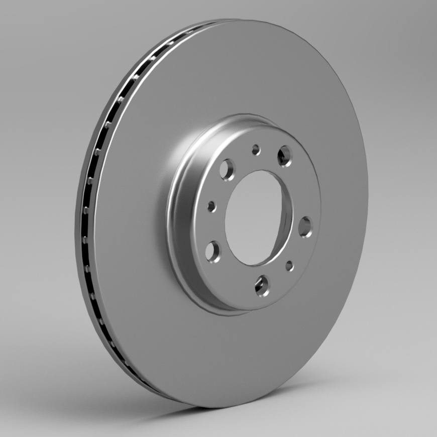 Vented plain automobile brake rotor showing cooling ribs between the friction faces