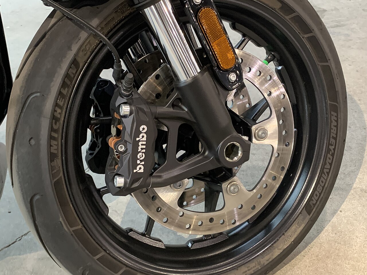 Brembo front disc brake and caliper on a LiveWire motorcycle wheel